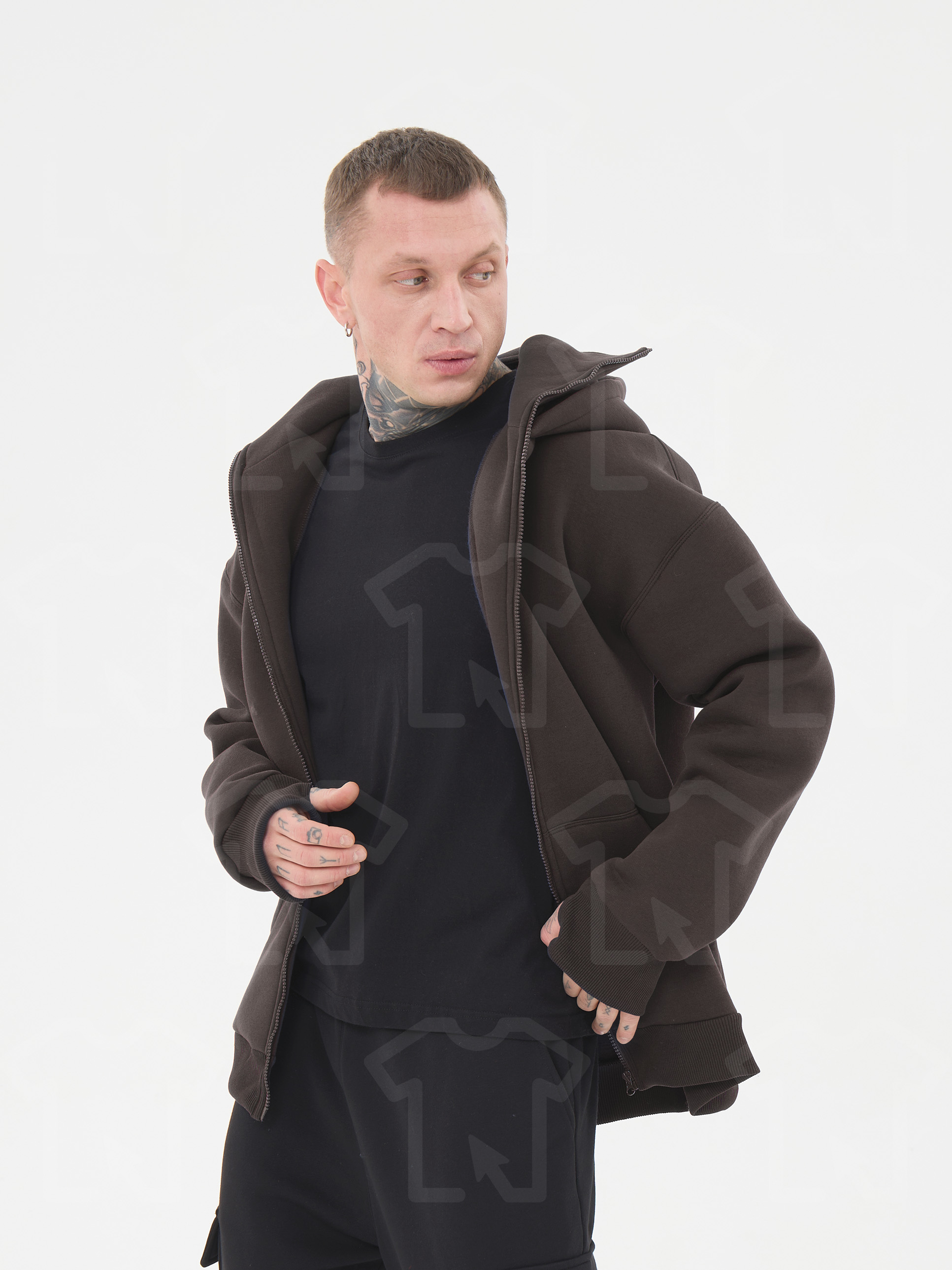 Худи Oversize BALACLAVA ZIP (на молнии) Премиум с начесом, цвет: темно-коричневый, мужские 